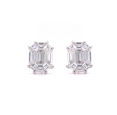 White Gold Illusion Emerald Cut Diamond Earrings